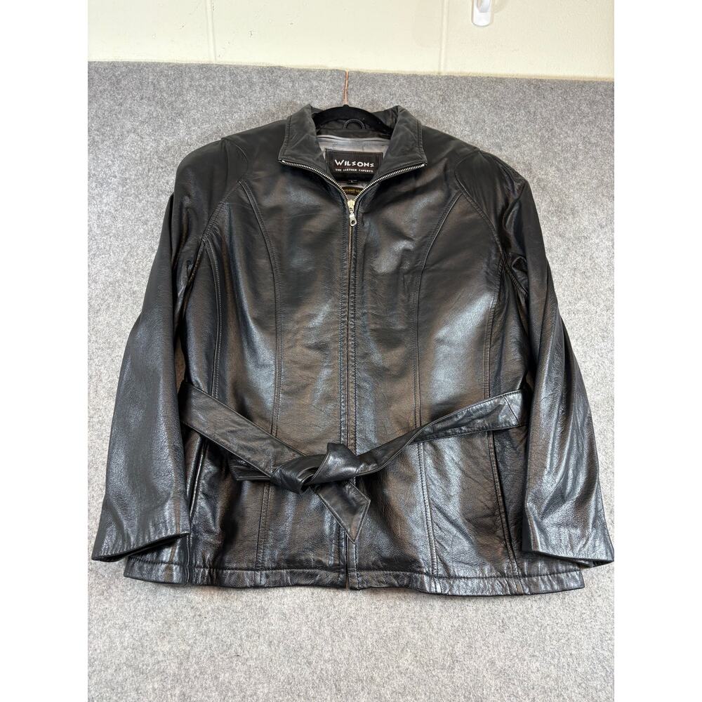 Vintage Wilsons Leather Biker Jacket Womens L Black Zip Up Thinsulate Belted Y2K